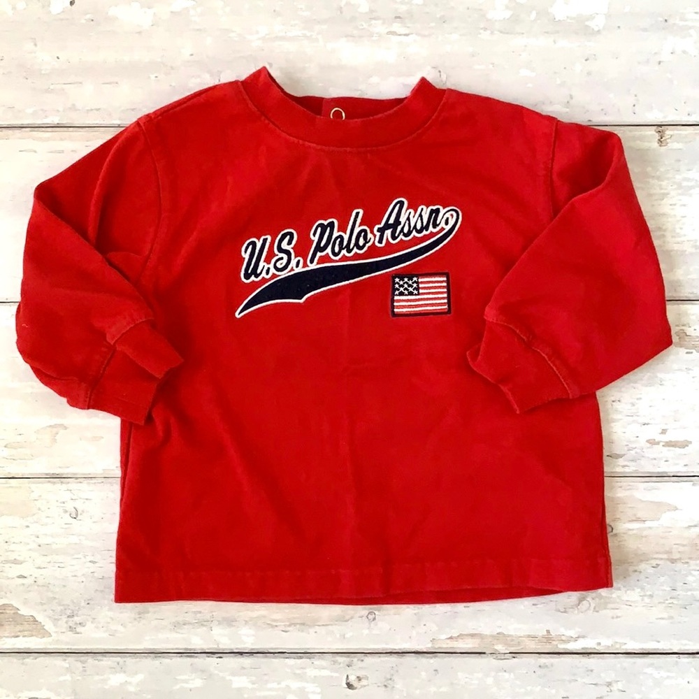 US Polo Assn Boys 18m Long Sleeve Red Shirt American Flag Print Kids Baby